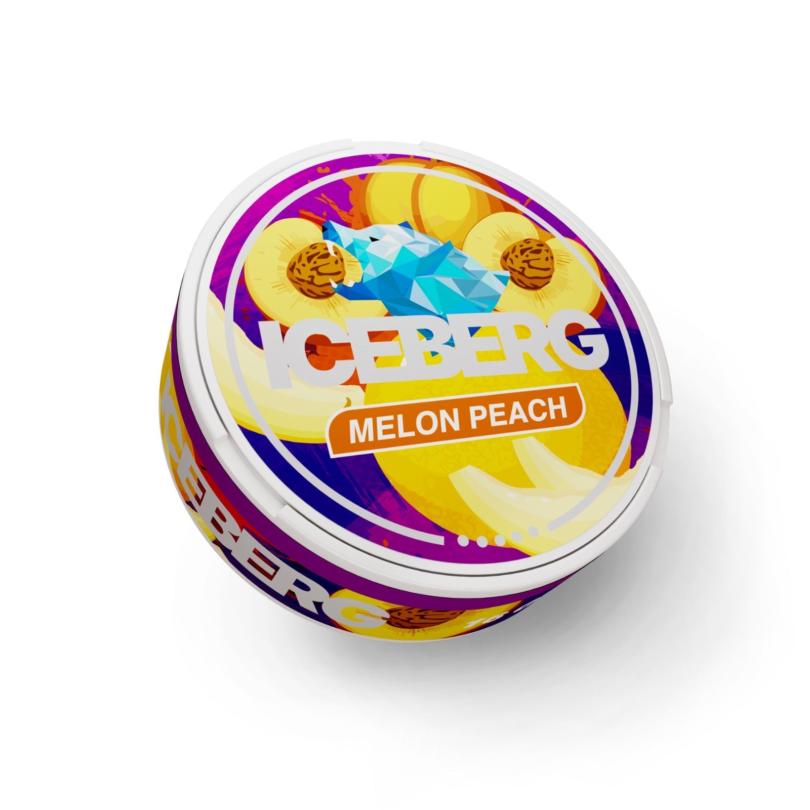 Colorful round candy tin featuring Iceberg Melon Peach logo and fruit illustrations, front view on a white background