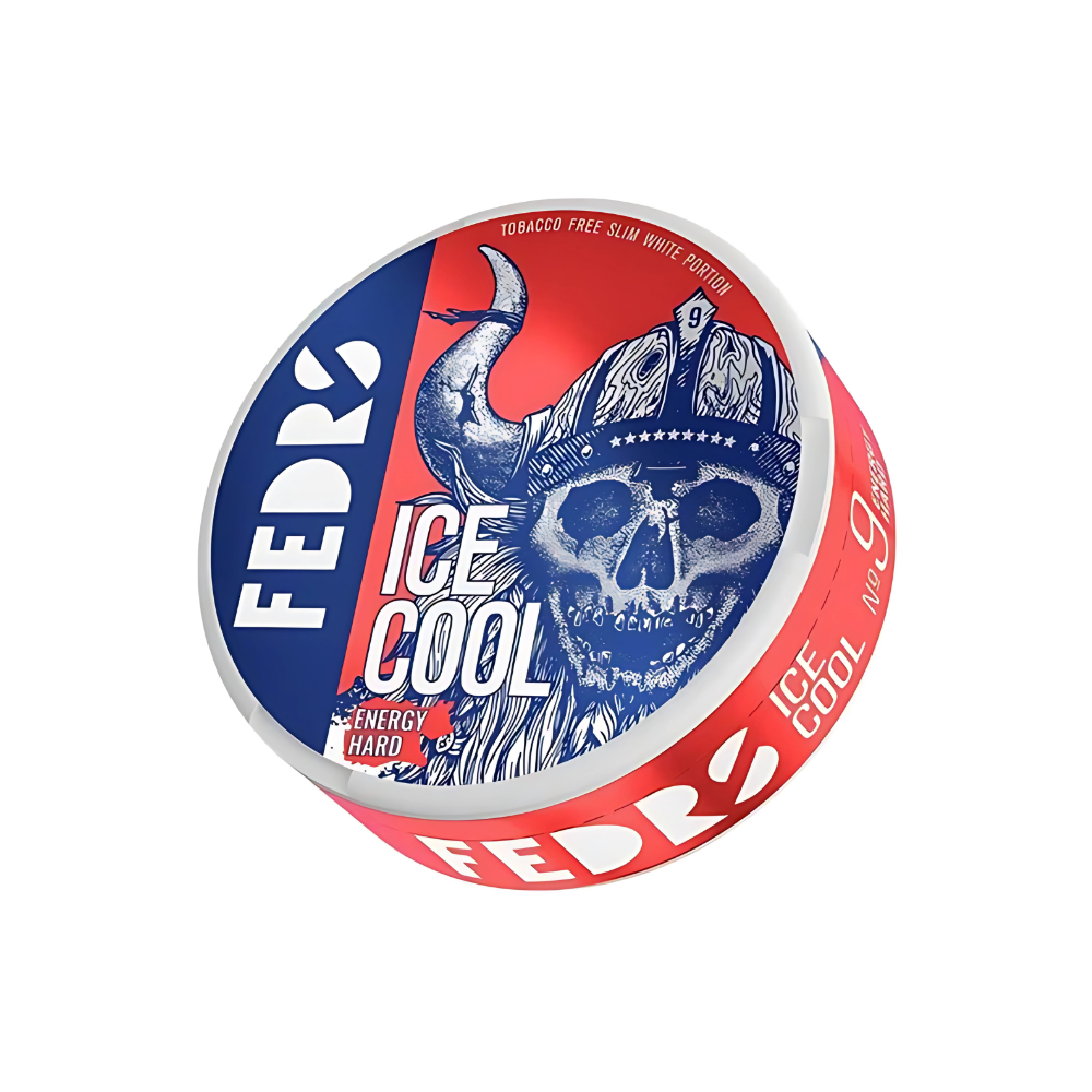 Detail close-up of the red and blue can featuring a skull design and brand logo on a white background.