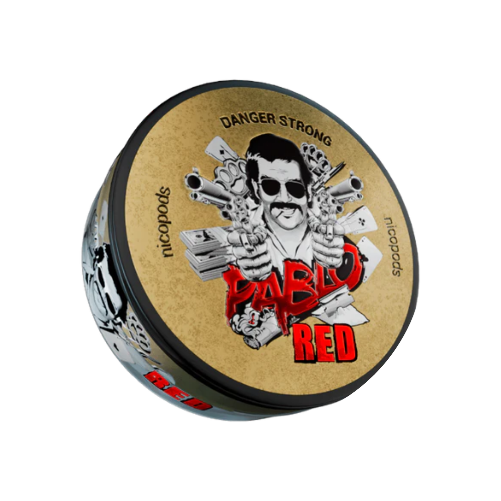 Detail close-up of the circular container featuring a skull graphic in black, red, and gold colors.