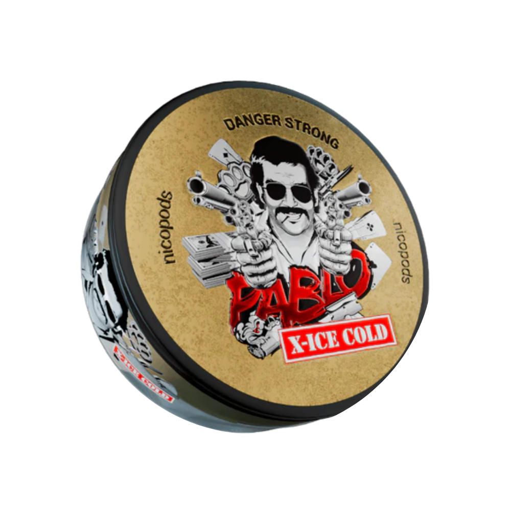 Detail close-up of Pablo X Ice Cold snus can showcasing a skull graphic, matte finish, and colors black, gold, and red.