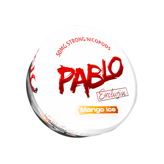 Front view of the round white and red Pablo product container featuring bold text and label design.