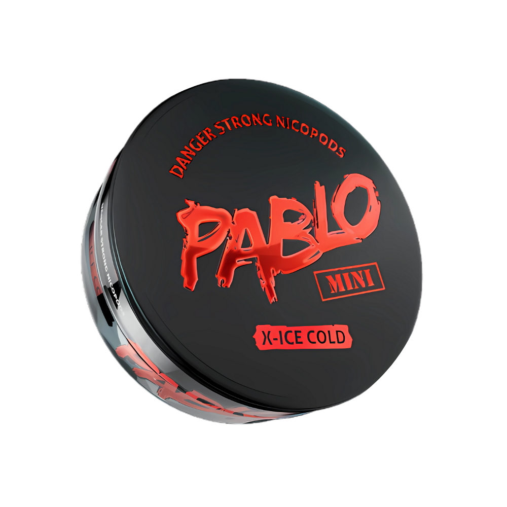 Detail close-up of the round container for Pablo Mini X Ice Cold featuring a bold logo on a transparent background