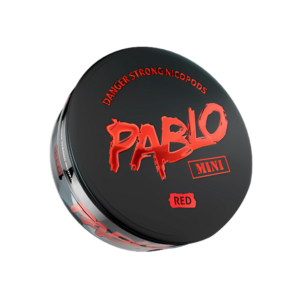 Detail close-up of the circular black and red Pablo product container showcasing its bold logo and graphic design.