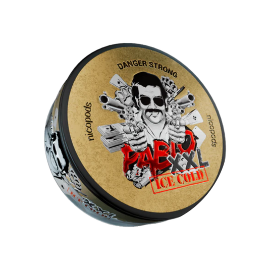 Front view of Pablo Ice Cold XXL pouch featuring black, gold, and red design with a skull graphic.