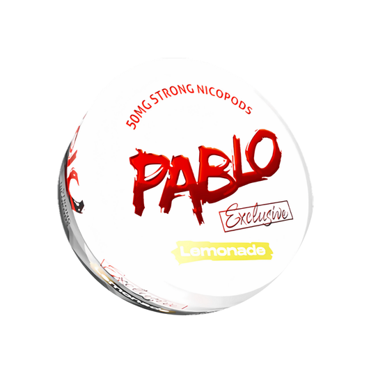Front view of the round Pablo mint tin featuring a graphic design in white, red, and yellow colors.