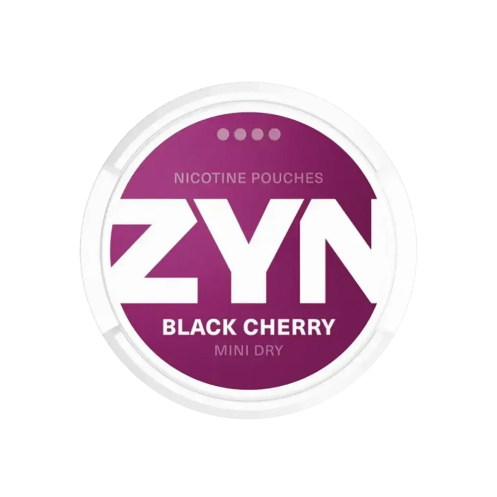Detail close-up of ZYN Black Cherry nicotine pouch packaging featuring purple and white colors with flavor label.