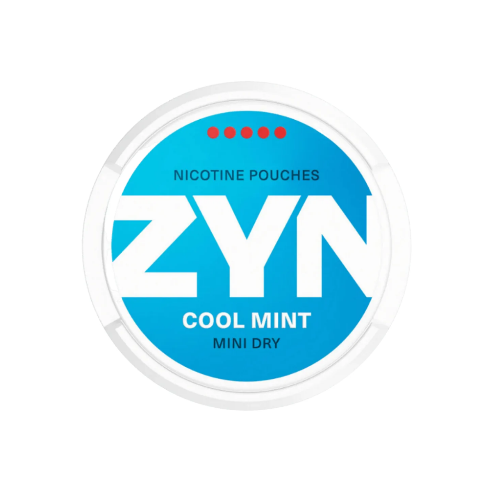 Detail close-up of ZYN Cool Mint pouches in a round container with bold text on a white background
