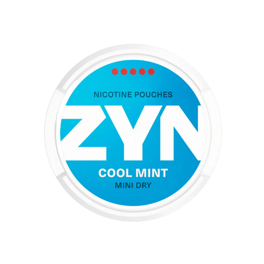 Detail close-up of ZYN Cool Mint pouches in a round container with bold text on a white background