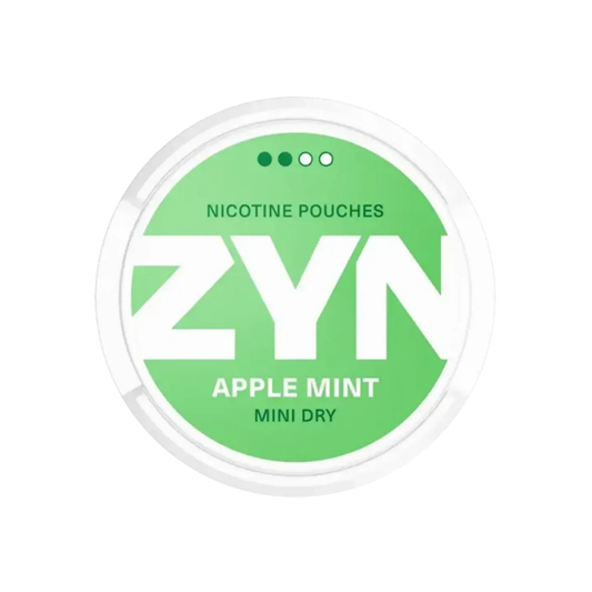 Detail close-up of ZYN Apple Mint nicotine pouch packaging with a circular container, bold text, and green accents.