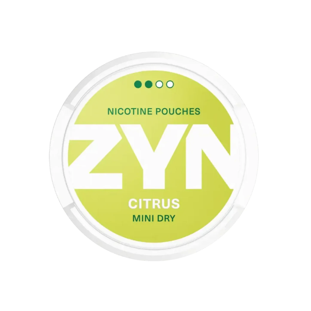 Packaging shot of ZYN Citrus pouch in a round container, featuring green and white colors with citrus flavor.
