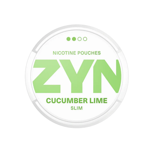 Detail close-up of ZYN Cucumber Lime packaging featuring bold text and flavor label on a transparent background