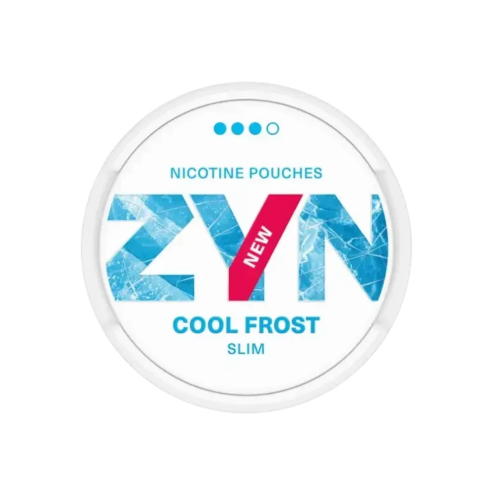 Detail close-up of ZYN Cool Mint in a circular tin showcasing bold text with white, blue, and pink colors.