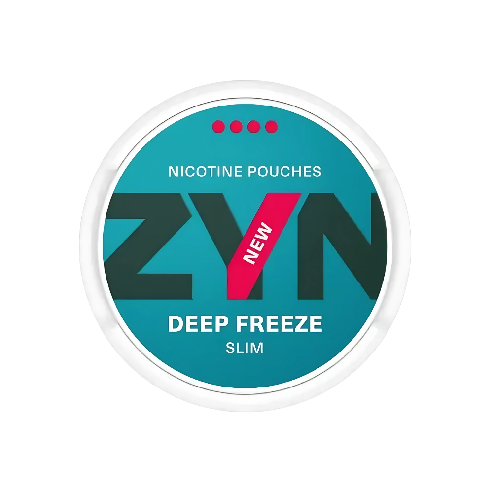 Detail close-up of ZYN Deep Freeze packaging in teal and black featuring bold text and flavor label.