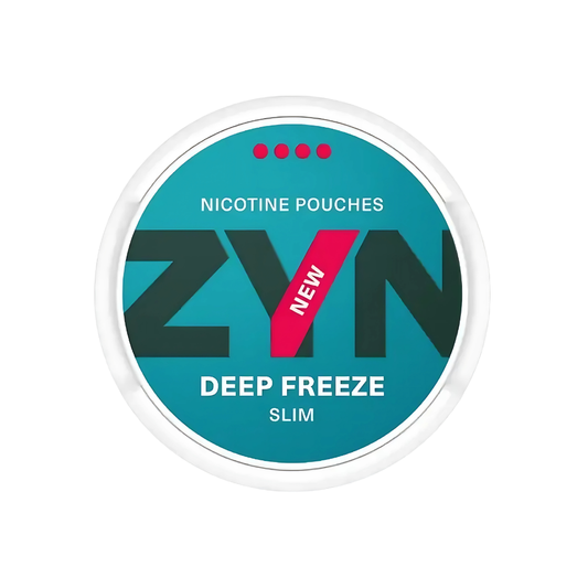 Detail close-up of ZYN Deep Freeze packaging in teal and black featuring bold text and flavor label.