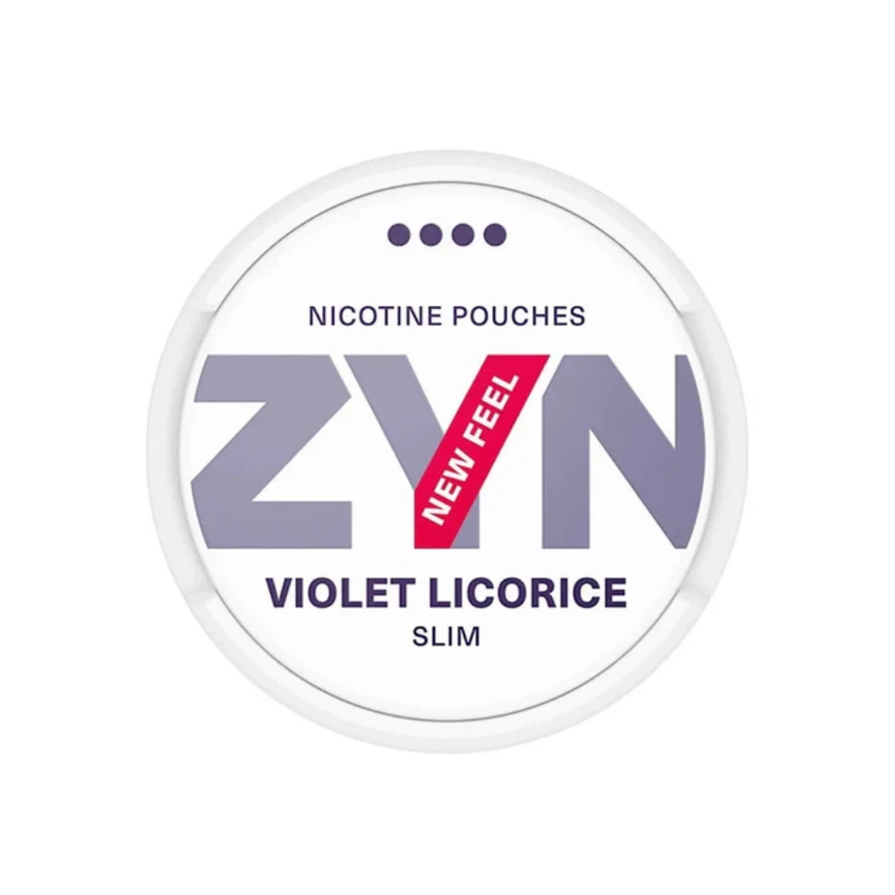 Detail close-up of ZYN Violet Licorice packaging featuring purple and white colors with flavor indication.