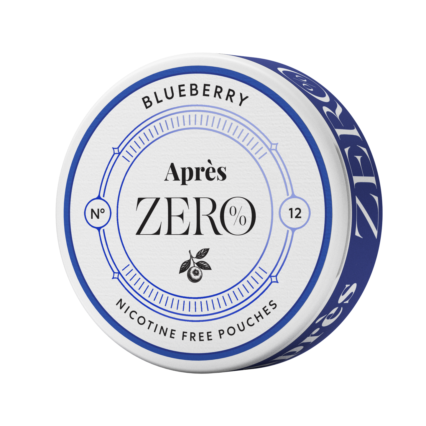 Detail close-up of the No 12 Après Blueberry Zero pouch in a round container, showcasing its blueberry flavor on a transpa…