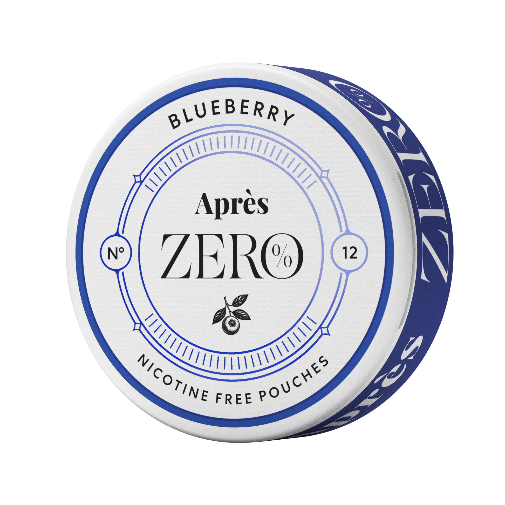 Detail close-up of the No 12 Après Blueberry Zero pouch in a round container, showcasing its blueberry flavor on a transpa…