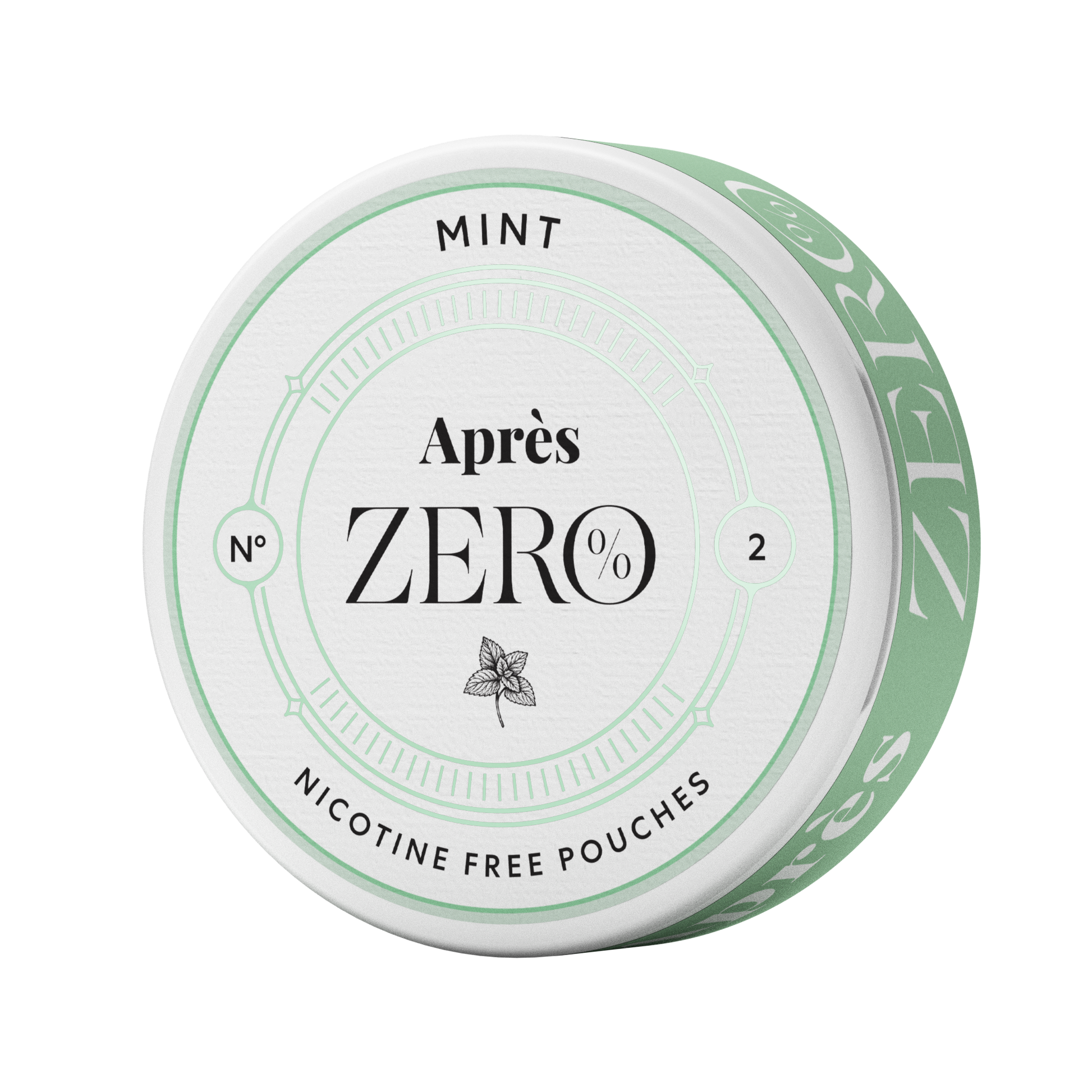 Detail close-up of the circular container for Après No 2 Mint Zero, featuring a minimalist design in white and green.