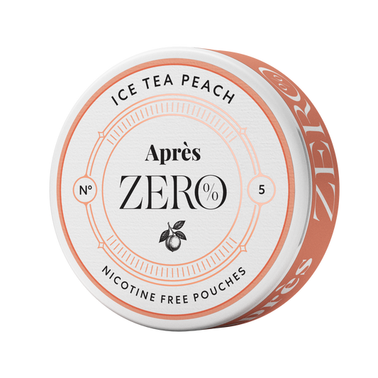 Front view of the peach iced tea container featuring a circular design and branding text on a transparent background