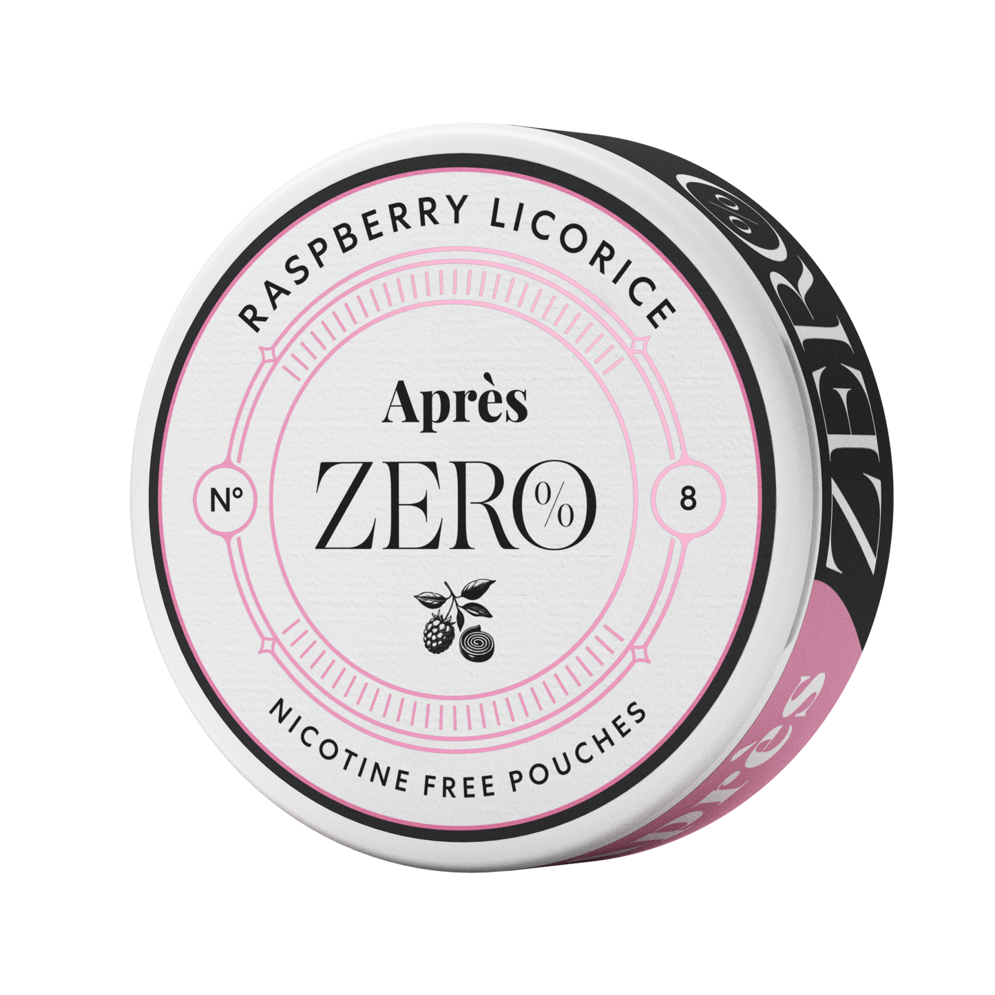 Detail close-up of the No 9 Après Raspberry Licorice Zero tin in pink, white, and black with branding and label design.