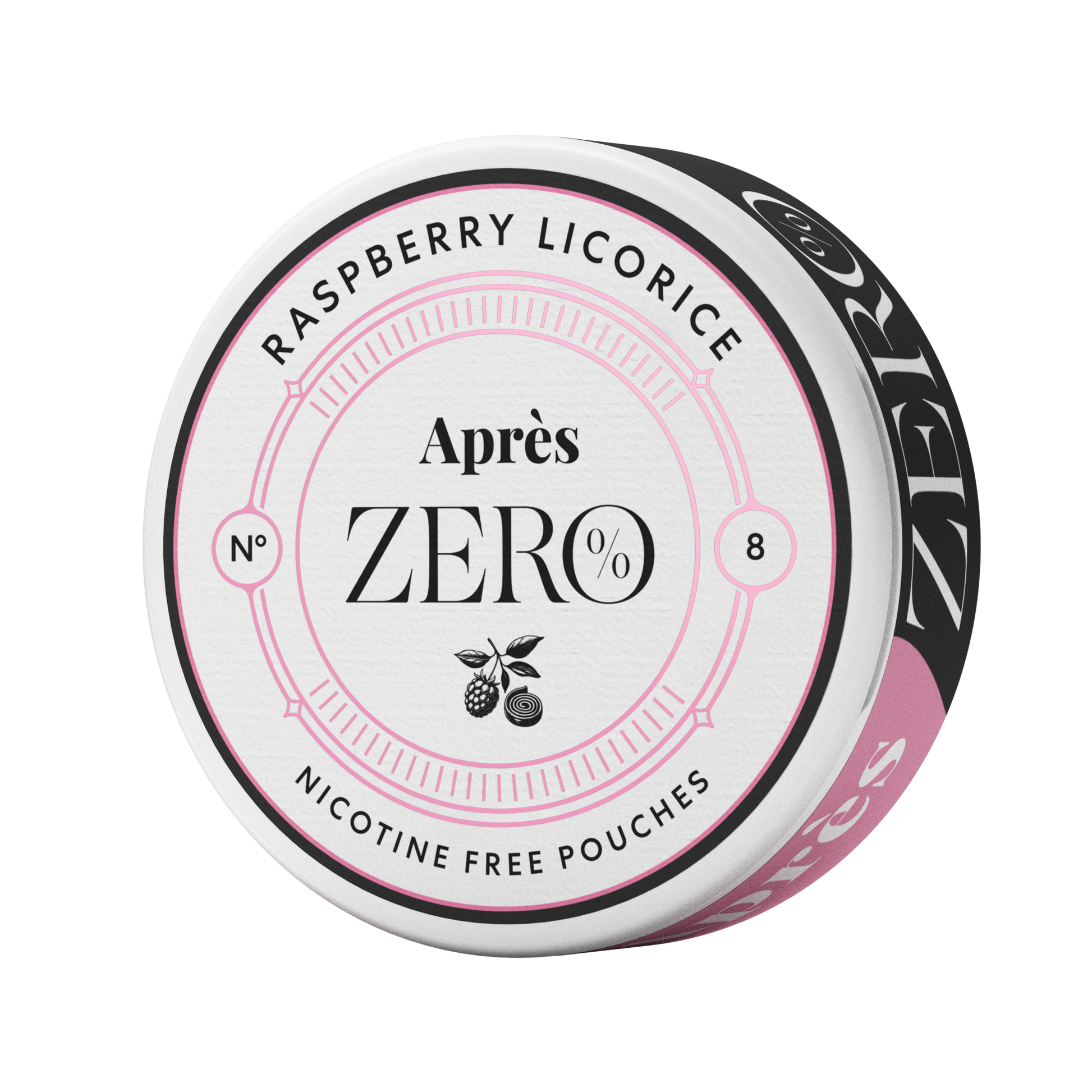 Detail close-up of the No 9 Après Raspberry Licorice Zero tin in pink, white, and black with branding and label design.