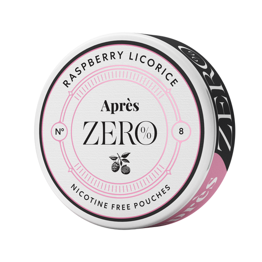 Detail close-up of the No 9 Après Raspberry Licorice Zero tin in pink, white, and black with branding and label design.