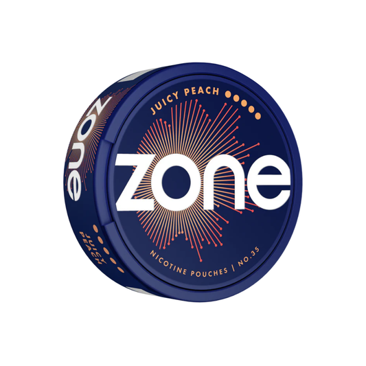 Front view of the round can of Zone Juicy Peach Ultra nicotine pouches in blue and white with logo on a white background