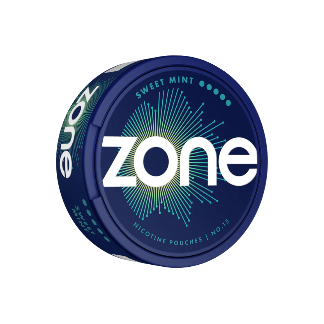 Front view of a blue circular container featuring Zone Sweet Mint Ultra logo, with a transparent background.