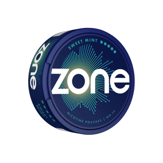 Front view of a blue circular container featuring Zone Sweet Mint Ultra logo, with a transparent background.
