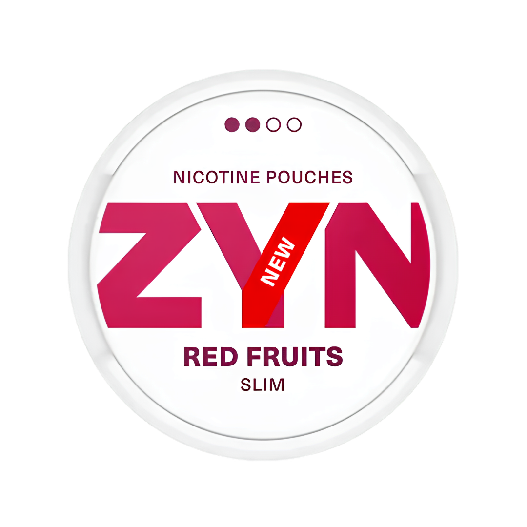 Detail close-up of ZYN nicotine pouch in red and white, highlighting slim design and berry flavors.