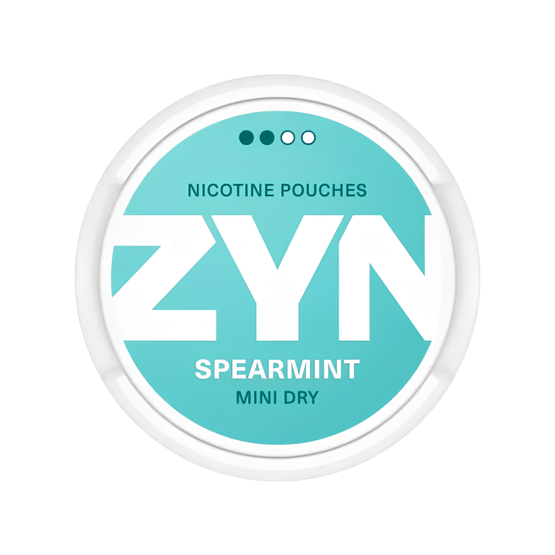 Detail close-up of the ZYN spearmint pouch in a round teal container with a white label.