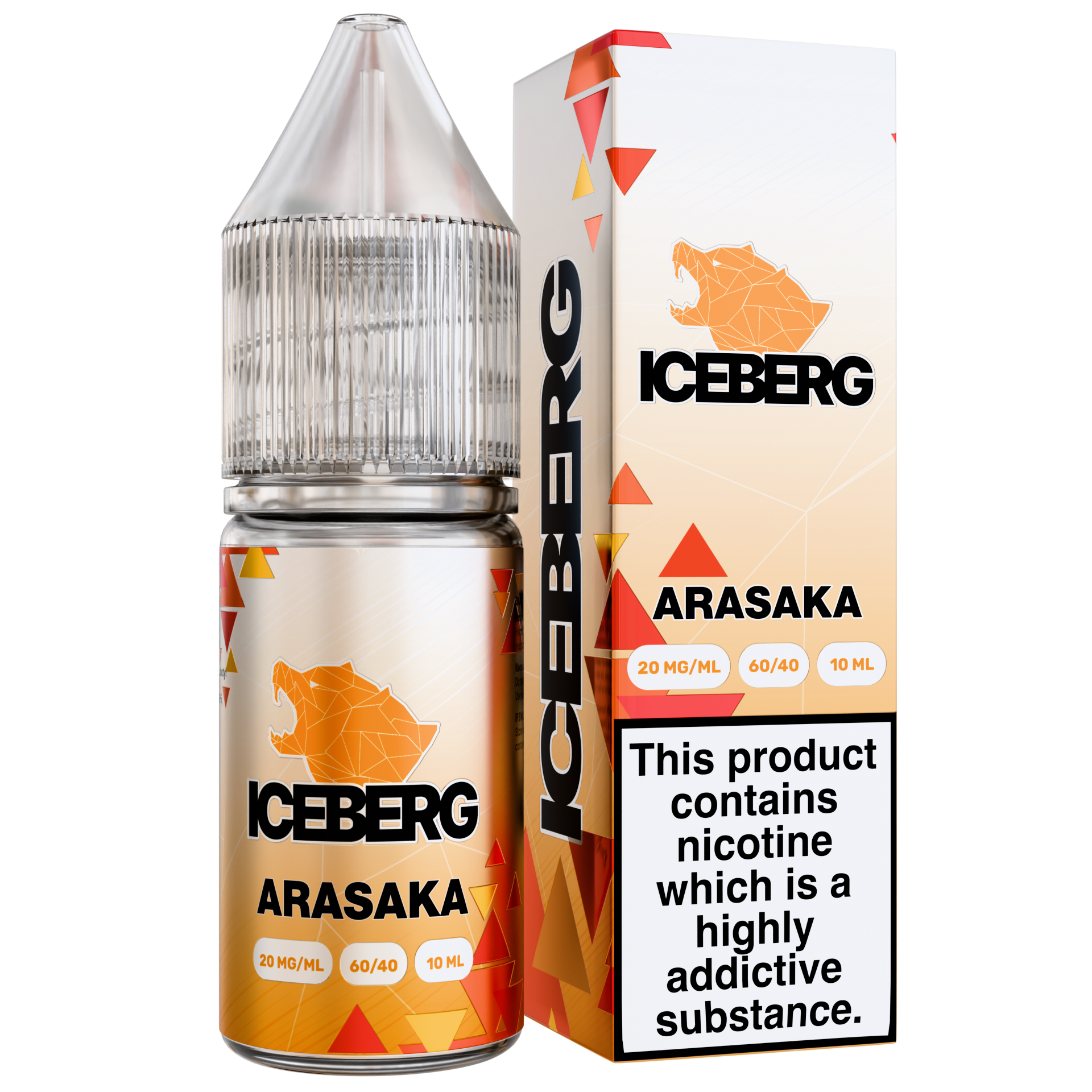 Packaging shot of Iceberg Arasaka e-liquid bottle in orange, white, and black with graphic design and warning label.