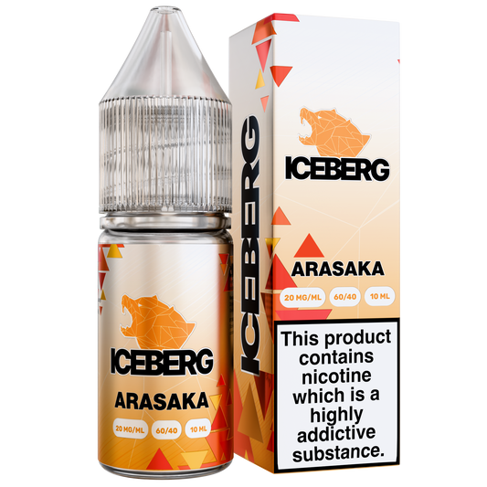 Packaging shot of Iceberg Arasaka e-liquid bottle in orange, white, and black with graphic design and warning label.