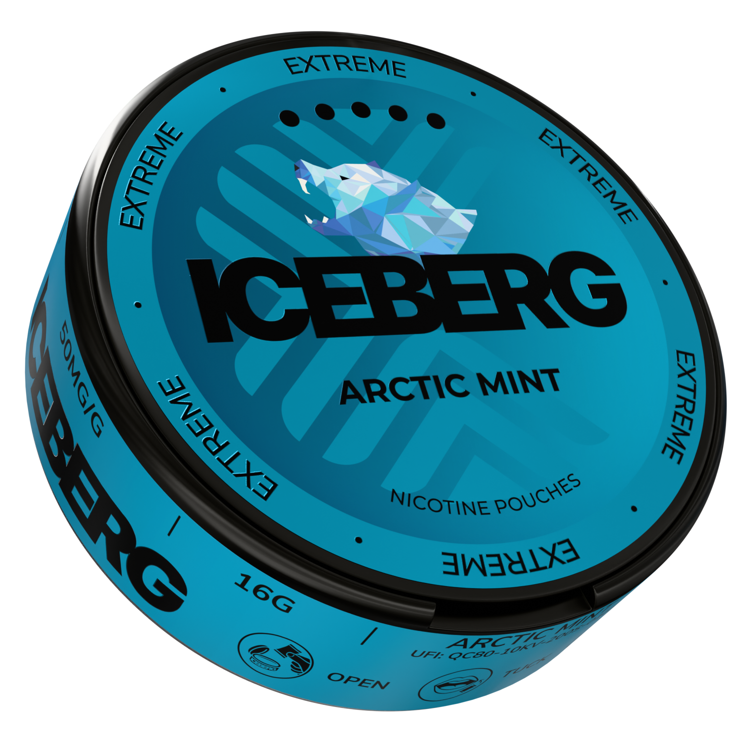 Side view of the arctic mint can showcasing its circular design with blue, black, and white colors.