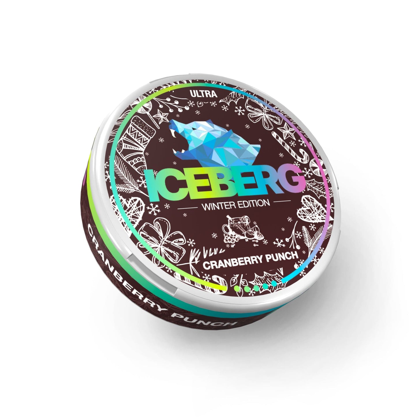 Detail close-up of the Iceberg Cranberry Punch snus can with a colorful label on a white background