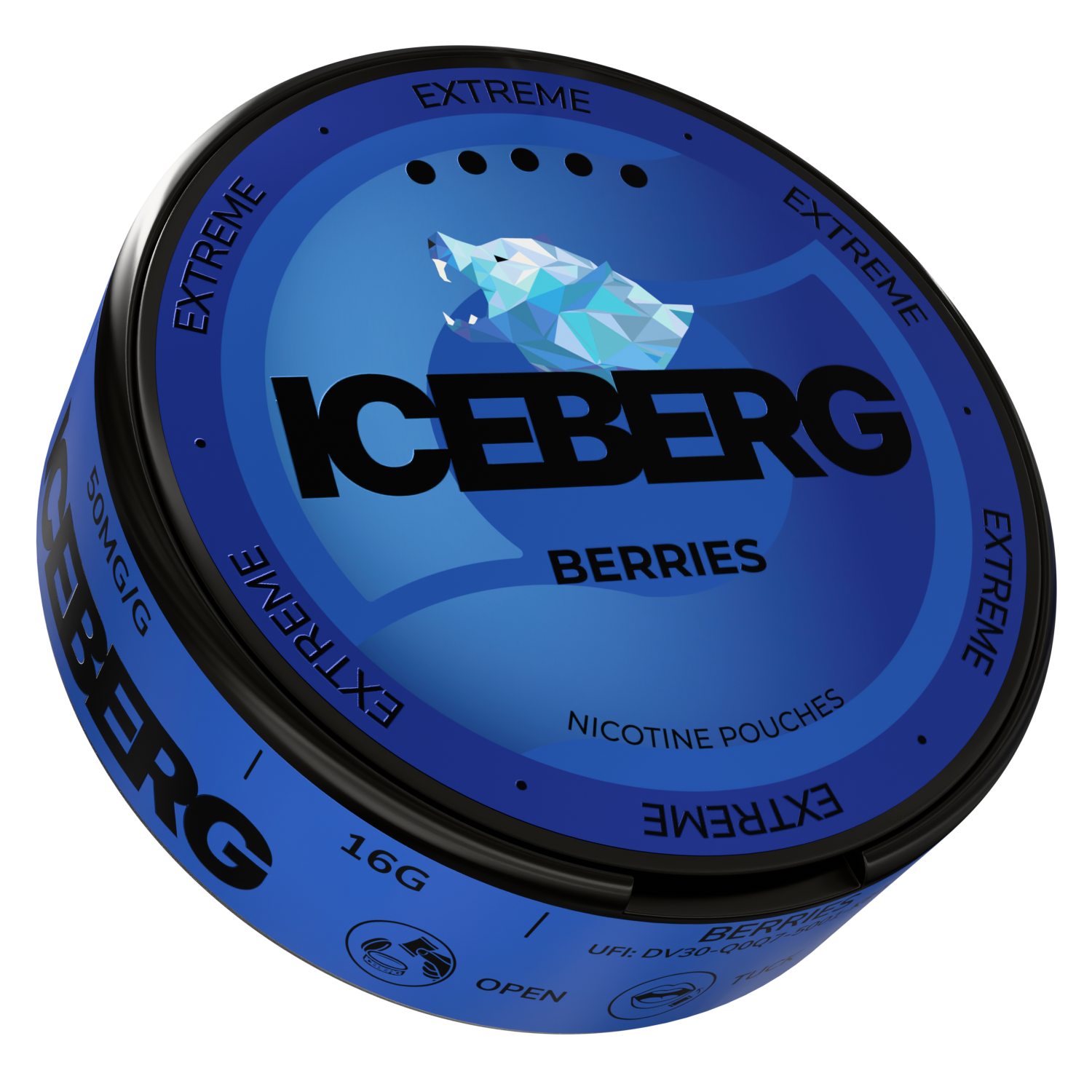 Side view of a circular tin in blue and black with a matte finish showcasing the logo design.