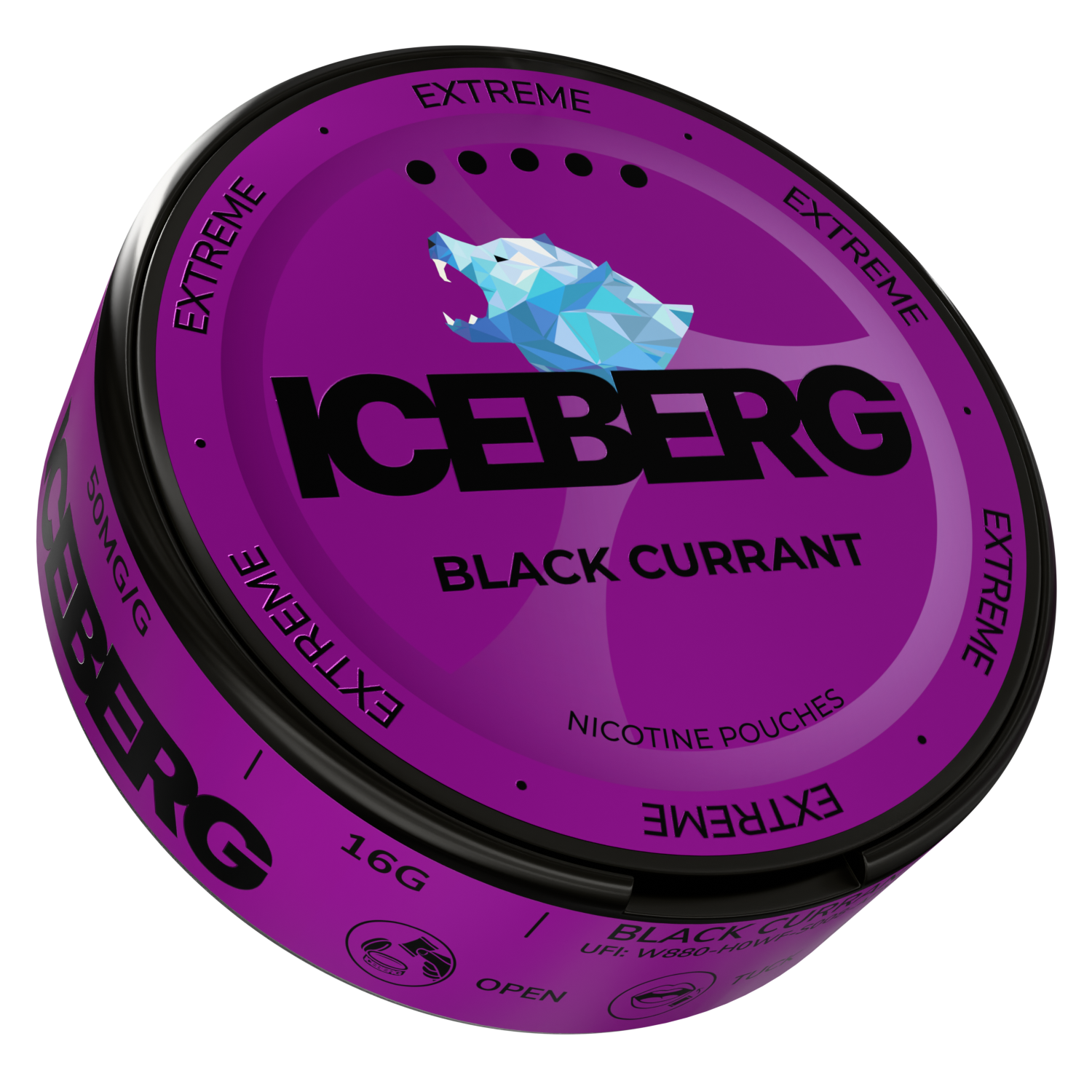 Side view of the Iceberg Black Currant container, showcasing its circular shape and purple and black label text.