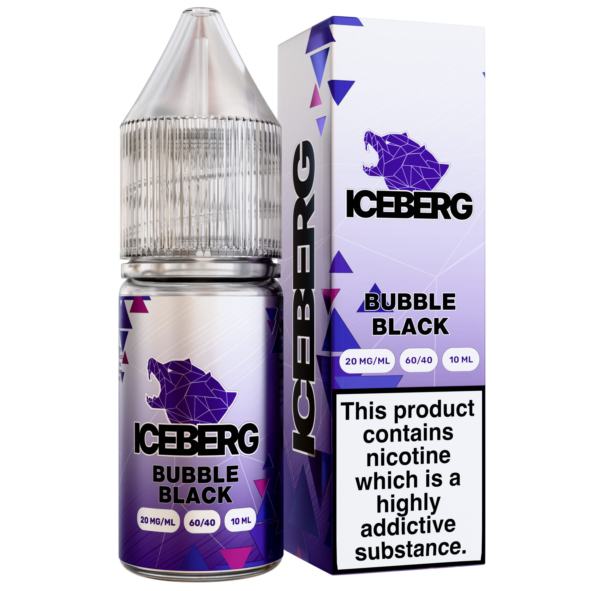 Packaging shot of the Iceberg Bubble Black Liquid in a transparent bottle with a black and purple label.