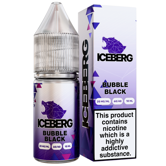 Packaging shot of the Iceberg Bubble Black Liquid in a transparent bottle with a black and purple label.