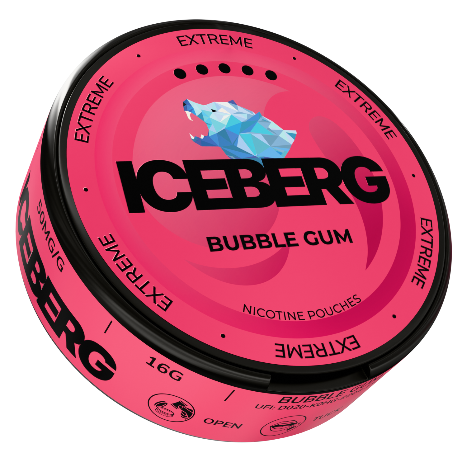 Side view of the bubble gum tin showcasing brand name and label details in pink and black.