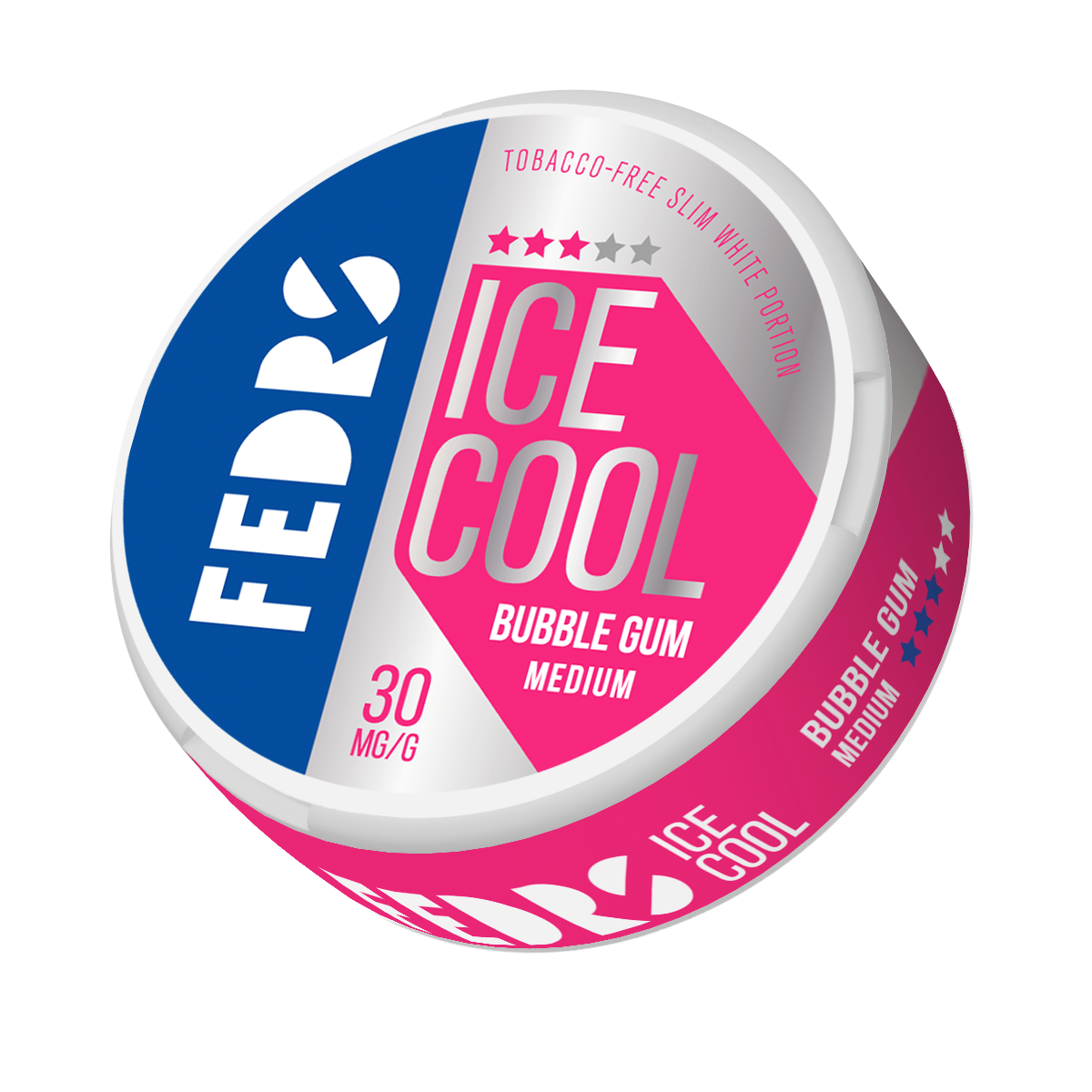 Detail close-up of a round pink and blue candy tin featuring flavor indication and label design.