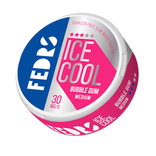Detail close-up of a round pink and blue candy tin featuring flavor indication and label design.