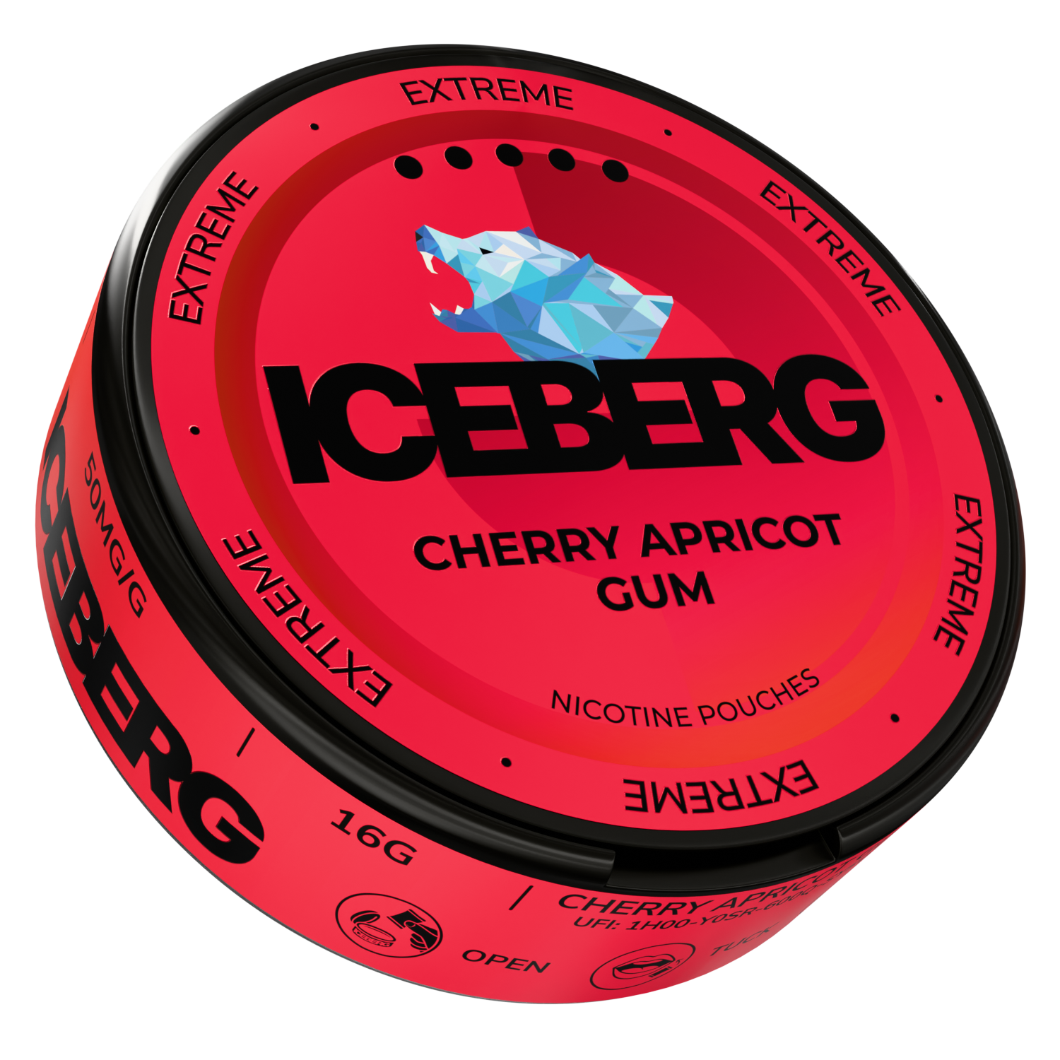 Side view of Iceberg Cherry Apricot Gum tin showcasing the brand name and flavor label.