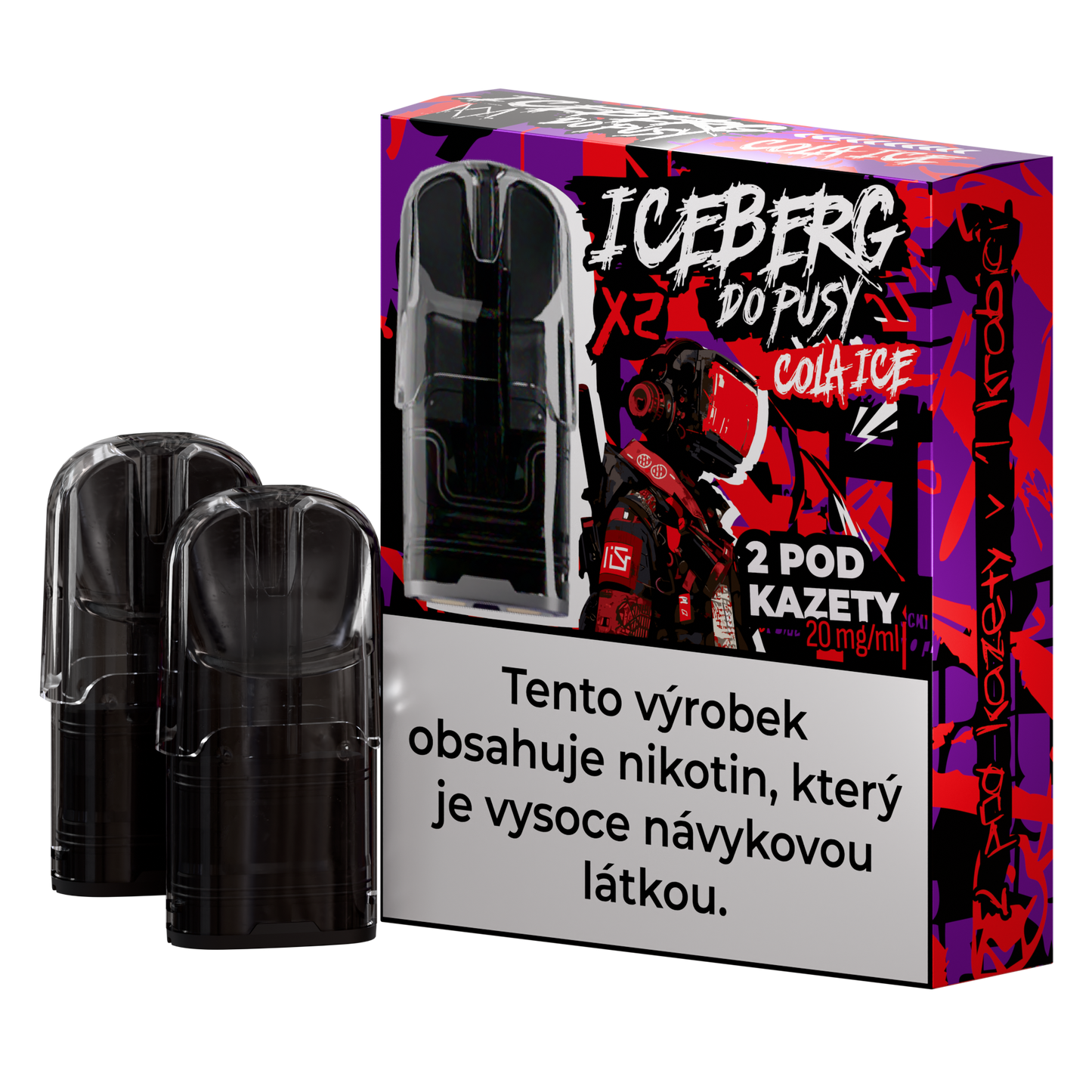 Packaging shot of black vape cartridges featuring graphic design and text label in red and black colors.