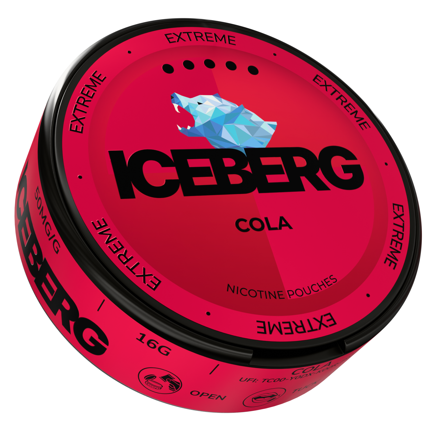Side view of Iceberg Cola featuring bold text on a pink and black background.