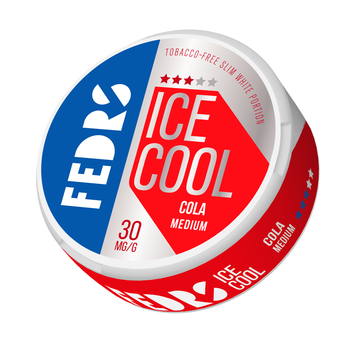Front view of a red and blue soda can featuring an ice cool label and circular design.