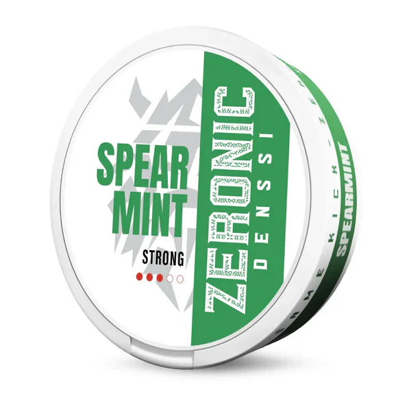 Packaging shot of Denssi Spearmint Zeronic in a round white and green container with label design.