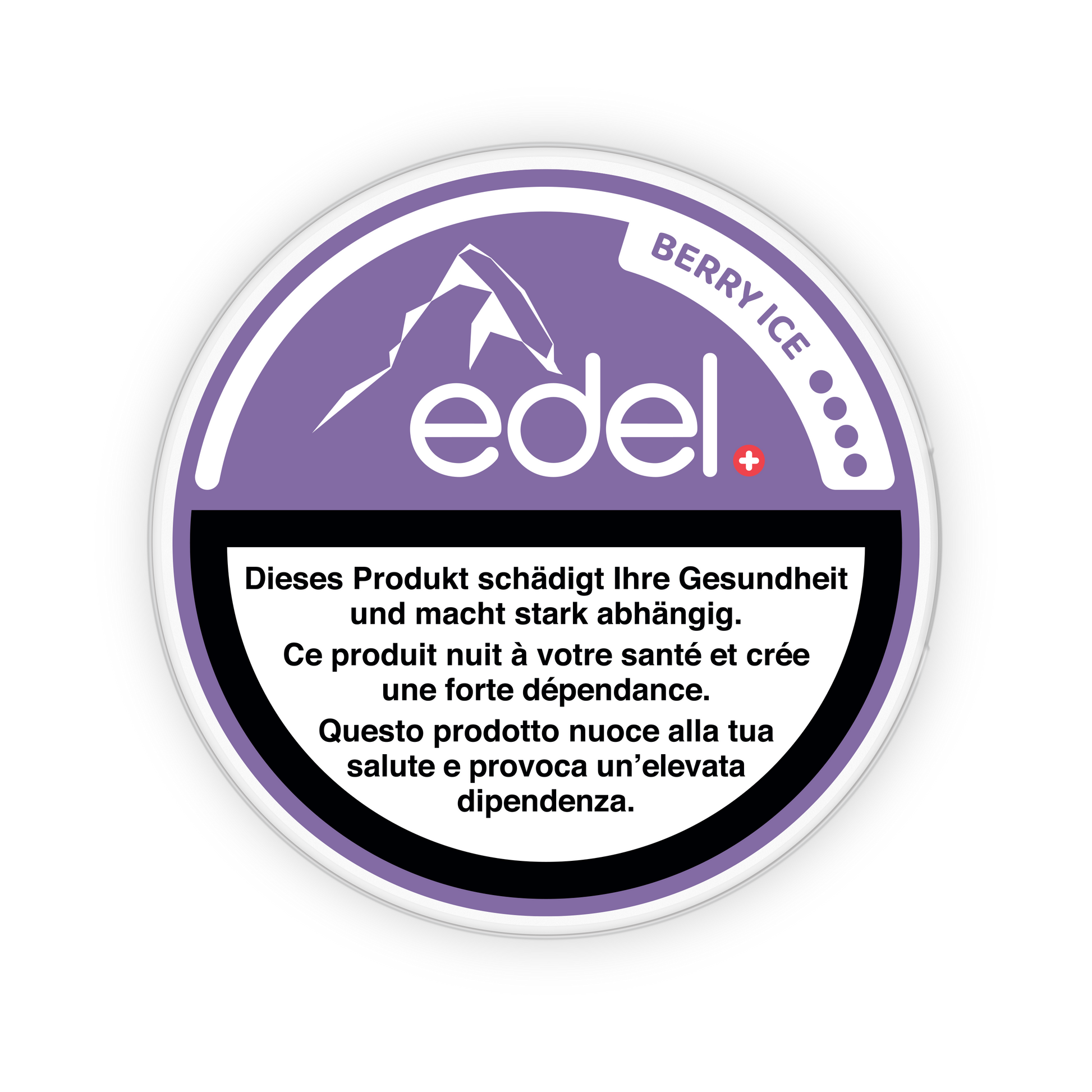 Detail close-up of the Edel Berry Ice snus can showcasing the mountain logo and warning label in purple and white.