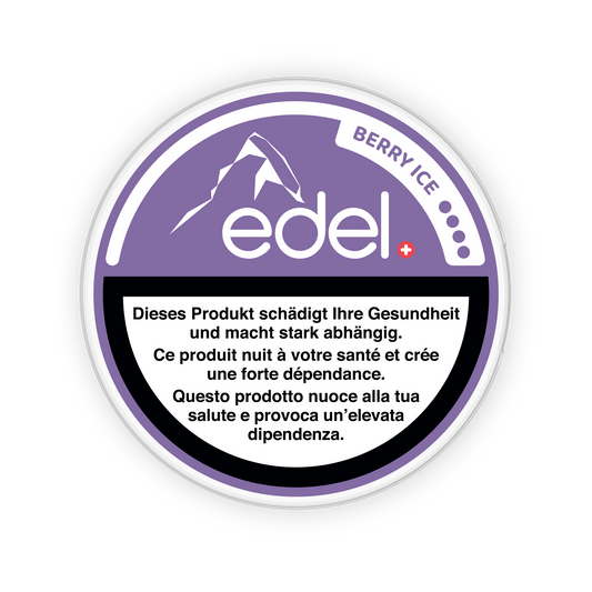 Detail close-up of the Edel Berry Ice snus can showcasing the mountain logo and warning label in purple and white.