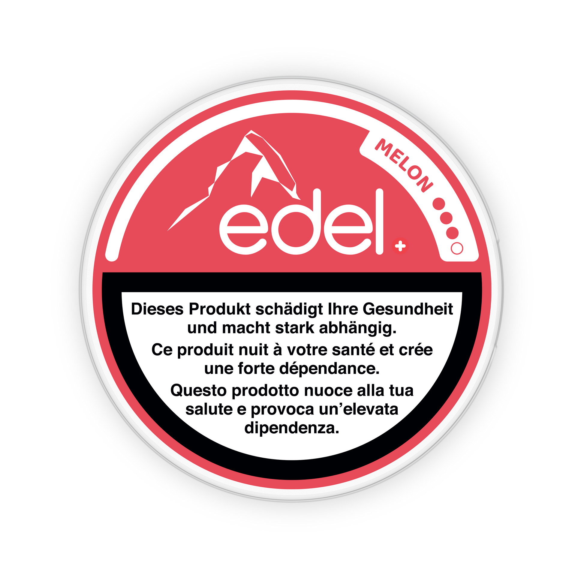Detail close-up of the circular Edel Melon snus can featuring red, black, and white colors with brand logo and warning text.